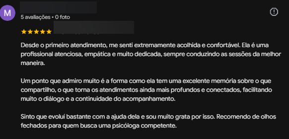 Print de avaliação real no Google, nome do avaliador oculto